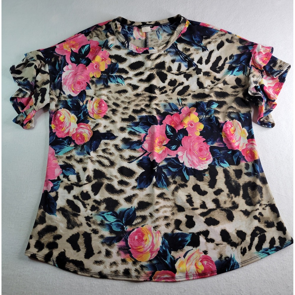 Heimish USA Leopard Floral Ruffle Sleeve Top Womens 1X Crew Neck Blouse